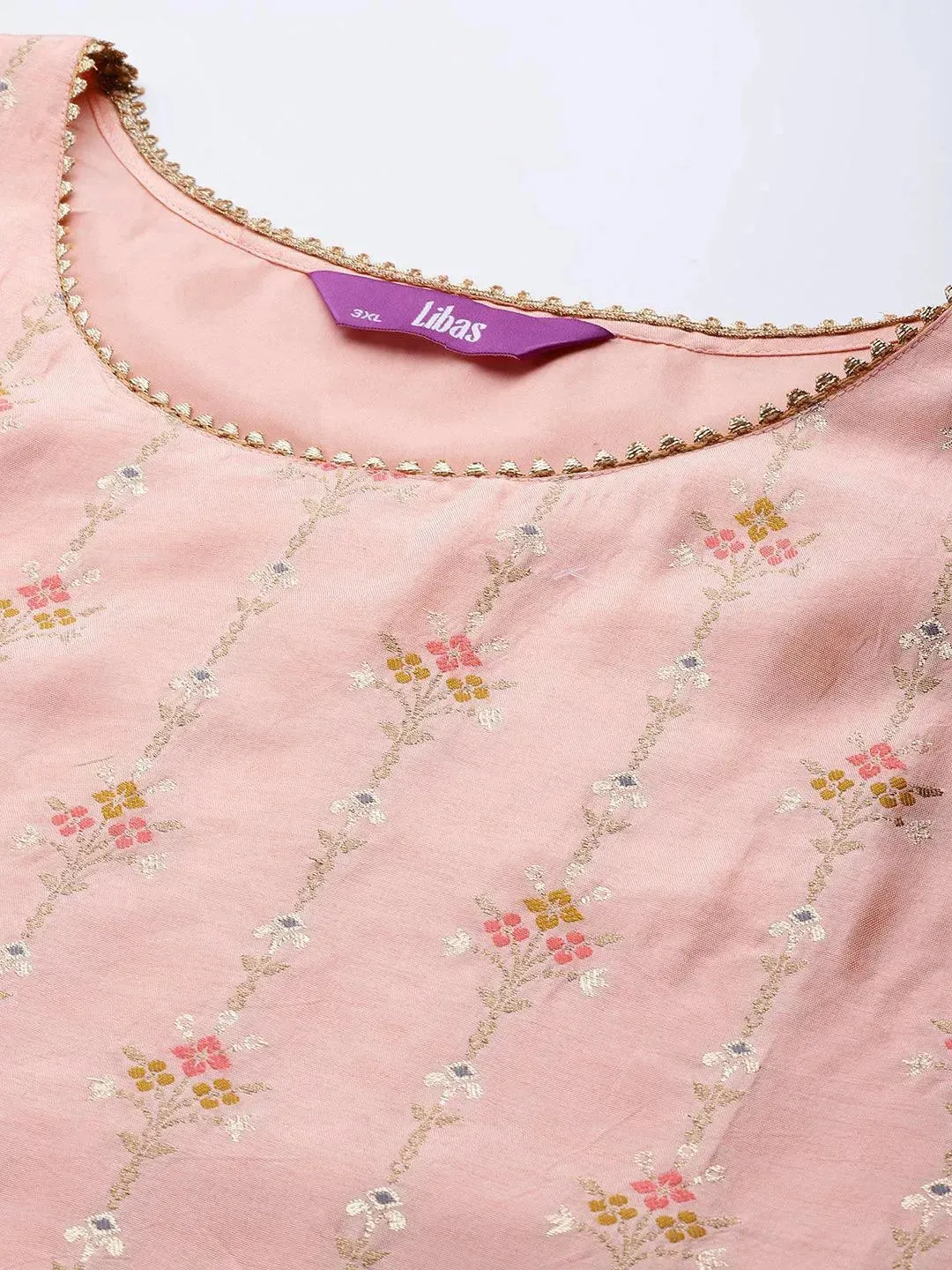 Plus Size Peach Woven Design Silk Blend Straight Kurta With Dupatta