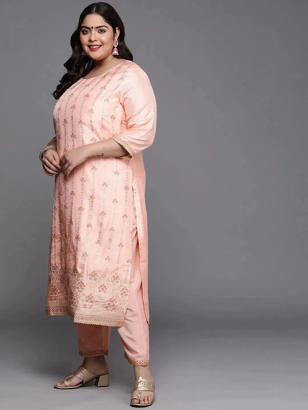 Plus Size Peach Woven Design Silk Blend Straight Kurta With Dupatta