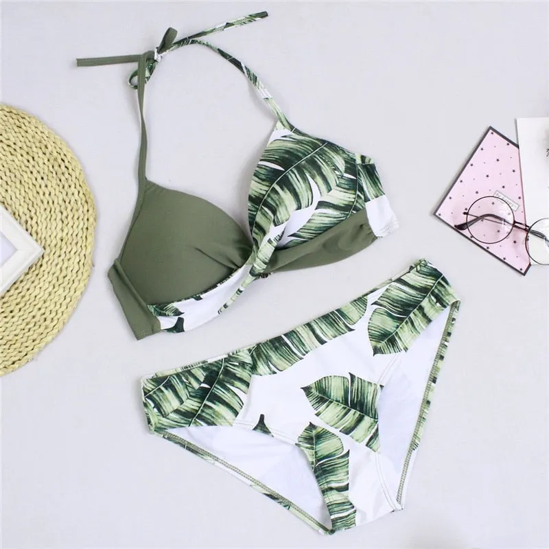 Prairie Chic 2 pc Sexy Bikini Set Brazilian Bathing Suit Green Leaves PatchWork Pattern Plus Size available