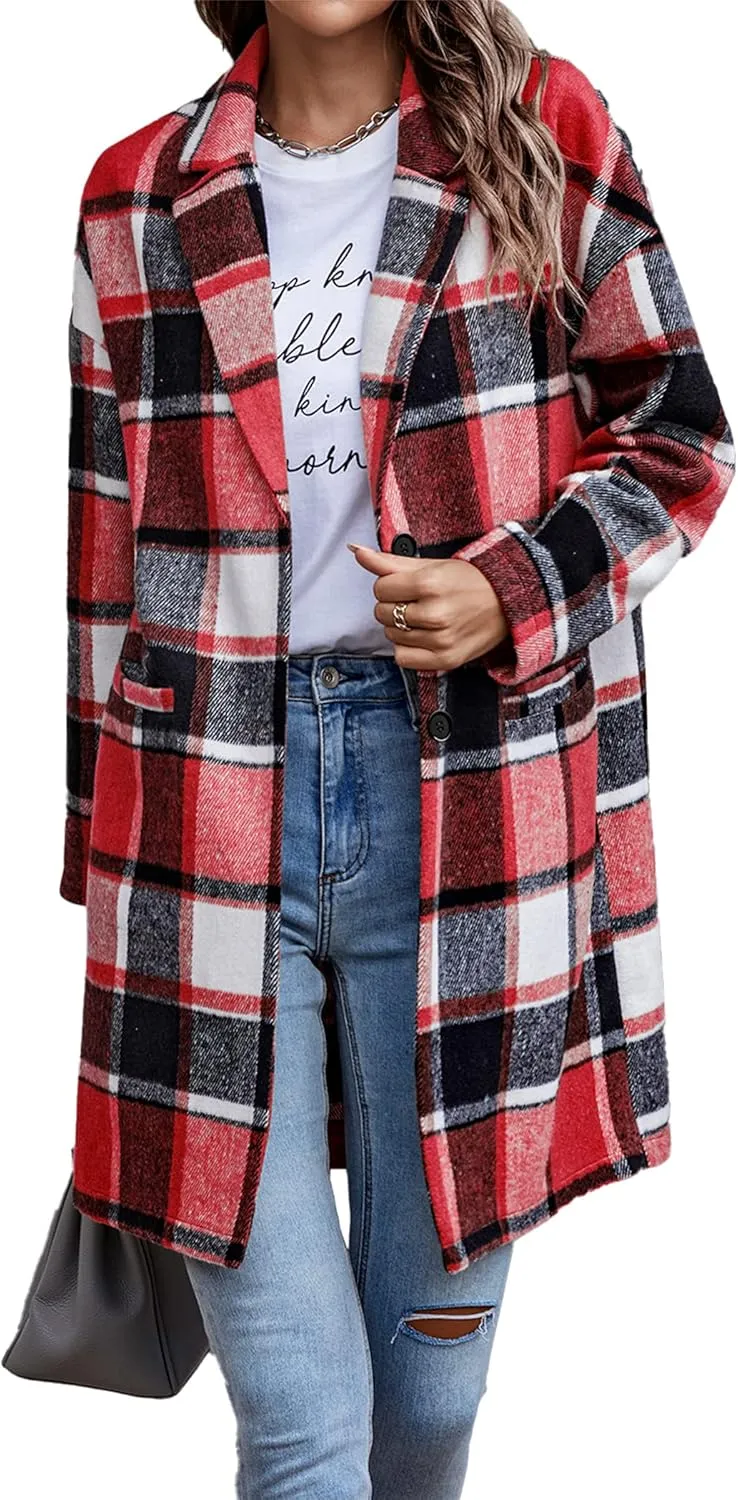 PRETTYGARDEN Women's Plaid Shacket Jacket Trendy Casual Button Wool Blend Winter Tartan Trench Coat with Pockets