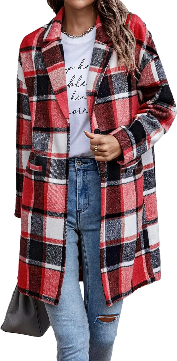 PRETTYGARDEN Women's Plaid Shacket Jacket Trendy Casual Button Wool Blend Winter Tartan Trench Coat with Pockets