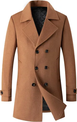 PRIJOUHE Mens Woolen Trench Coat Pea Coat Double Breasted Regular Fit Wool Blend coat Business Overcoat