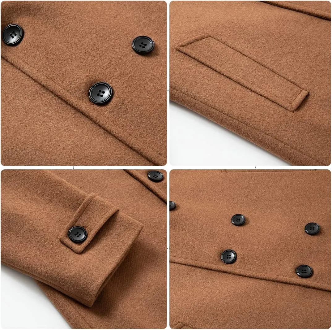 PRIJOUHE Mens Woolen Trench Coat Pea Coat Double Breasted Regular Fit Wool Blend coat Business Overcoat