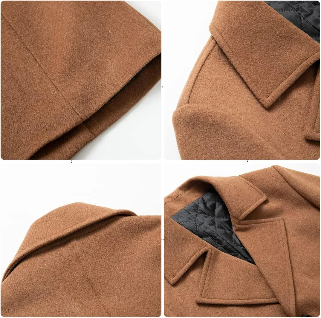 PRIJOUHE Mens Woolen Trench Coat Pea Coat Double Breasted Regular Fit Wool Blend coat Business Overcoat