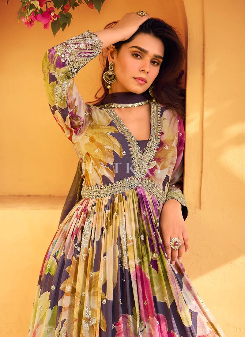 Purple Embroidered Floral Anarkali Dress