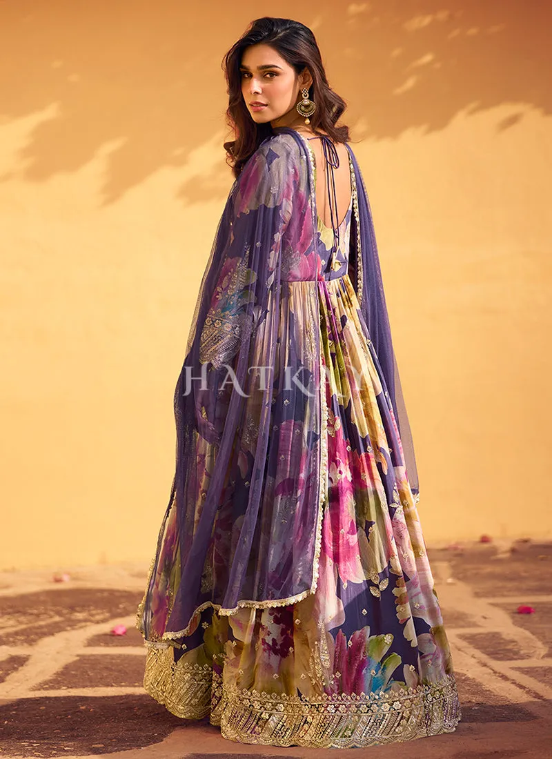 Purple Embroidered Floral Anarkali Dress
