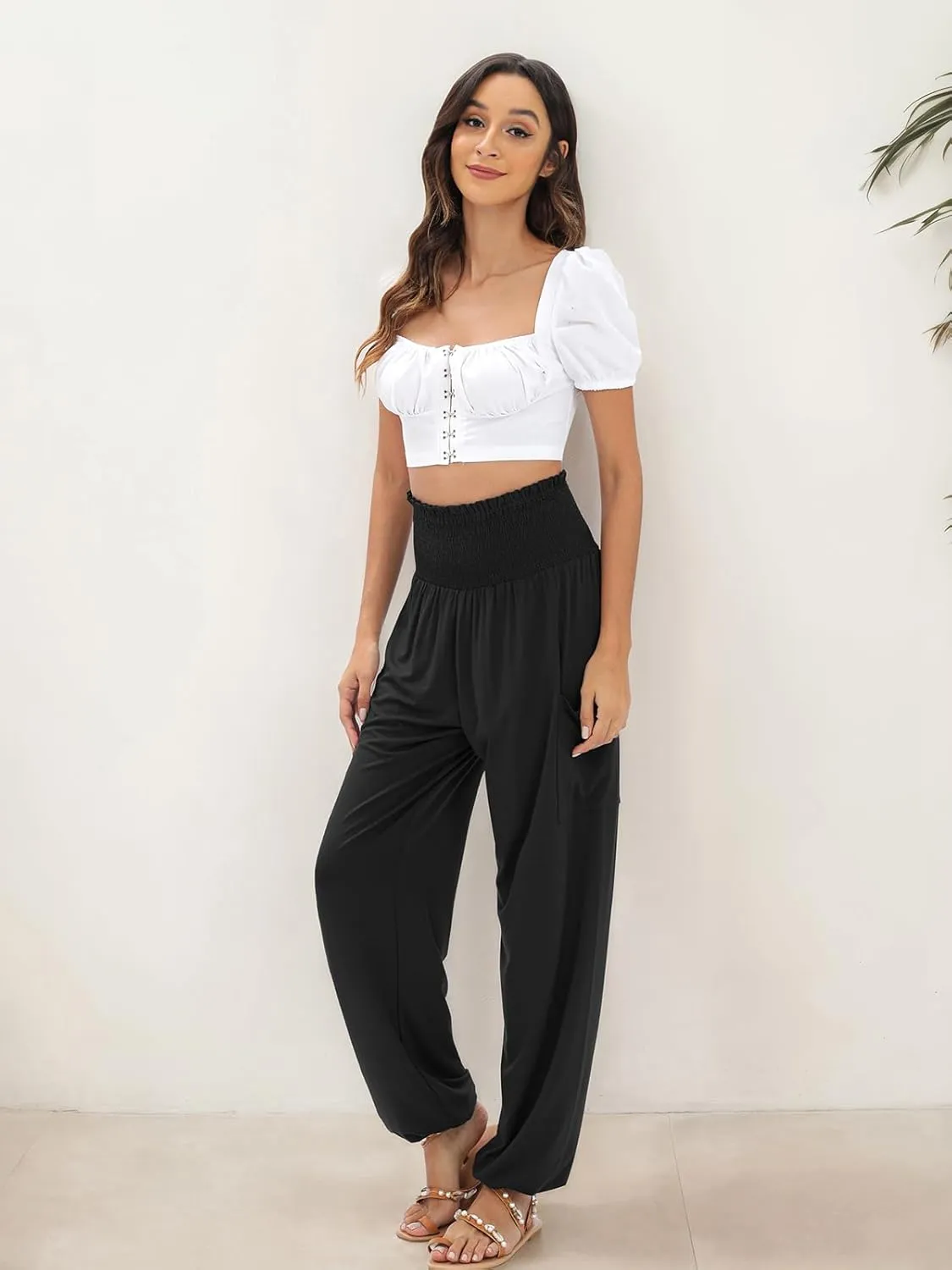 QIANXIZHAN Women's Harem Pants, High Waist Yoga Boho Trousers with Pockets