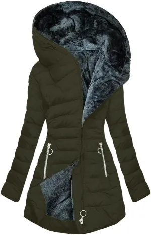 Quilted Jackets for Women Winter Plush Solid Color Mid-Length Diagonal Zipper Pocket Cotton Long-Sleeved Warm Jacket