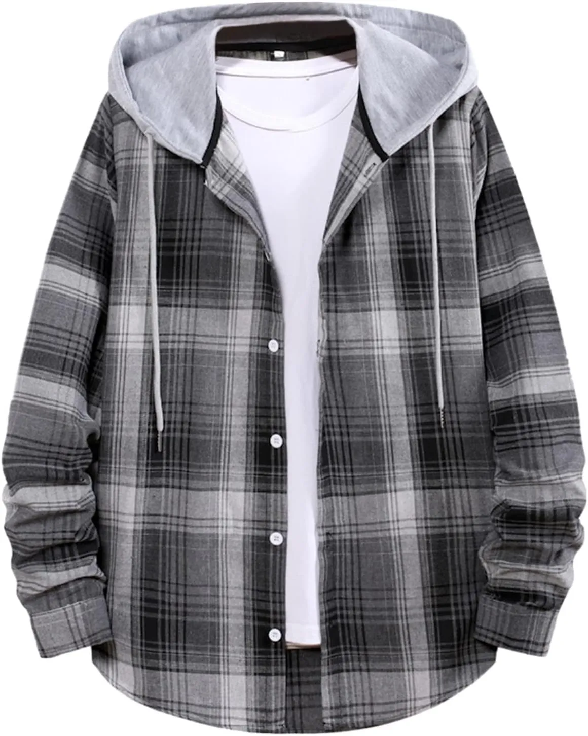 Quilted Lined Flannel Shirt Jacket for Men Sleeved Casual Hooded Jacket Top Plaid Fall Work Outerwear Coat 2024