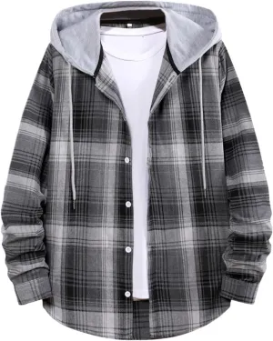 Quilted Lined Flannel Shirt Jacket for Men Sleeved Casual Hooded Jacket Top Plaid Fall Work Outerwear Coat 2024