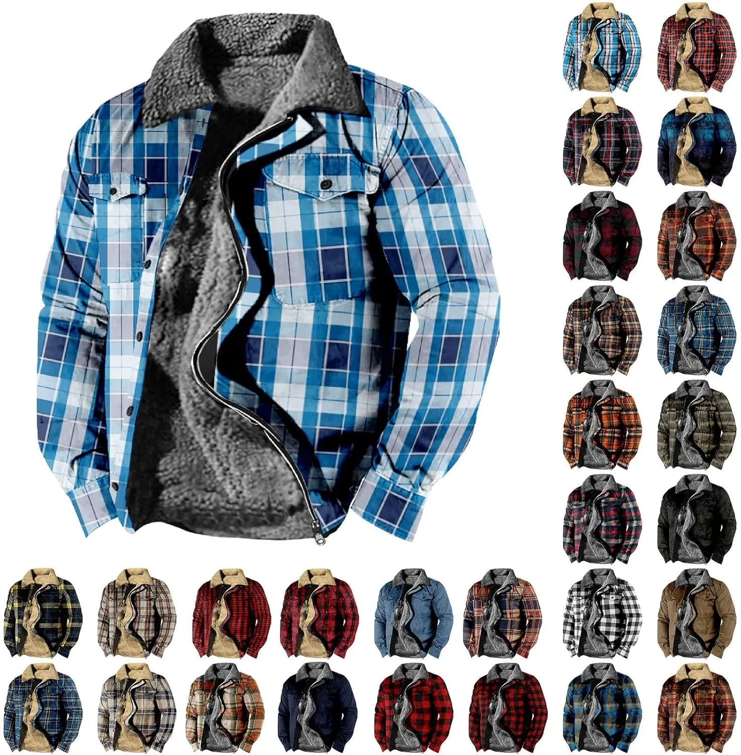 QWENTMTNTY Men Fleece Lined Sherpa Jacket Western Plaid Flannel Jackets Zip Up Big & Tall Thickened Thermal Heavyweight Coat