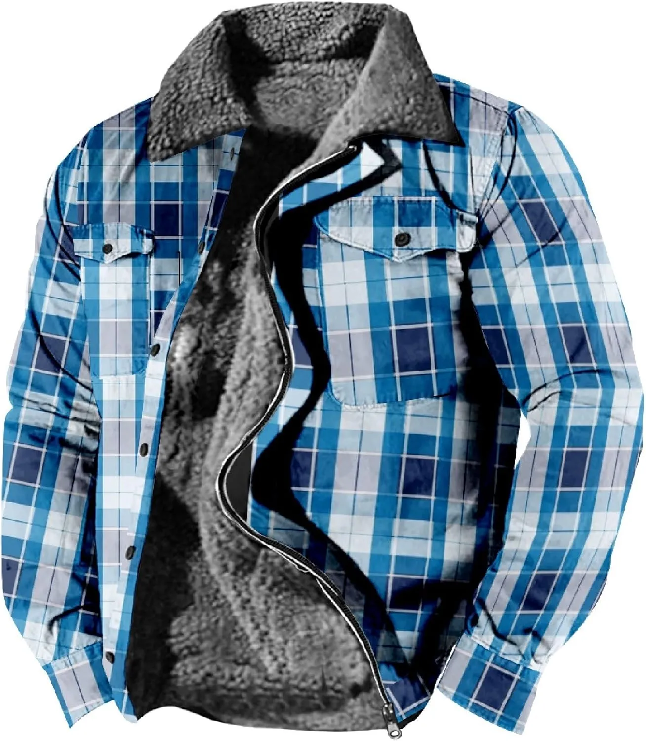 QWENTMTNTY Men Fleece Lined Sherpa Jacket Western Plaid Flannel Jackets Zip Up Big & Tall Thickened Thermal Heavyweight Coat