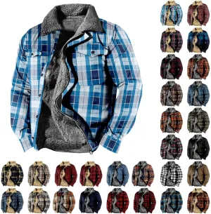 QWENTMTNTY Men Fleece Lined Sherpa Jacket Western Plaid Flannel Jackets Zip Up Big & Tall Thickened Thermal Heavyweight Coat