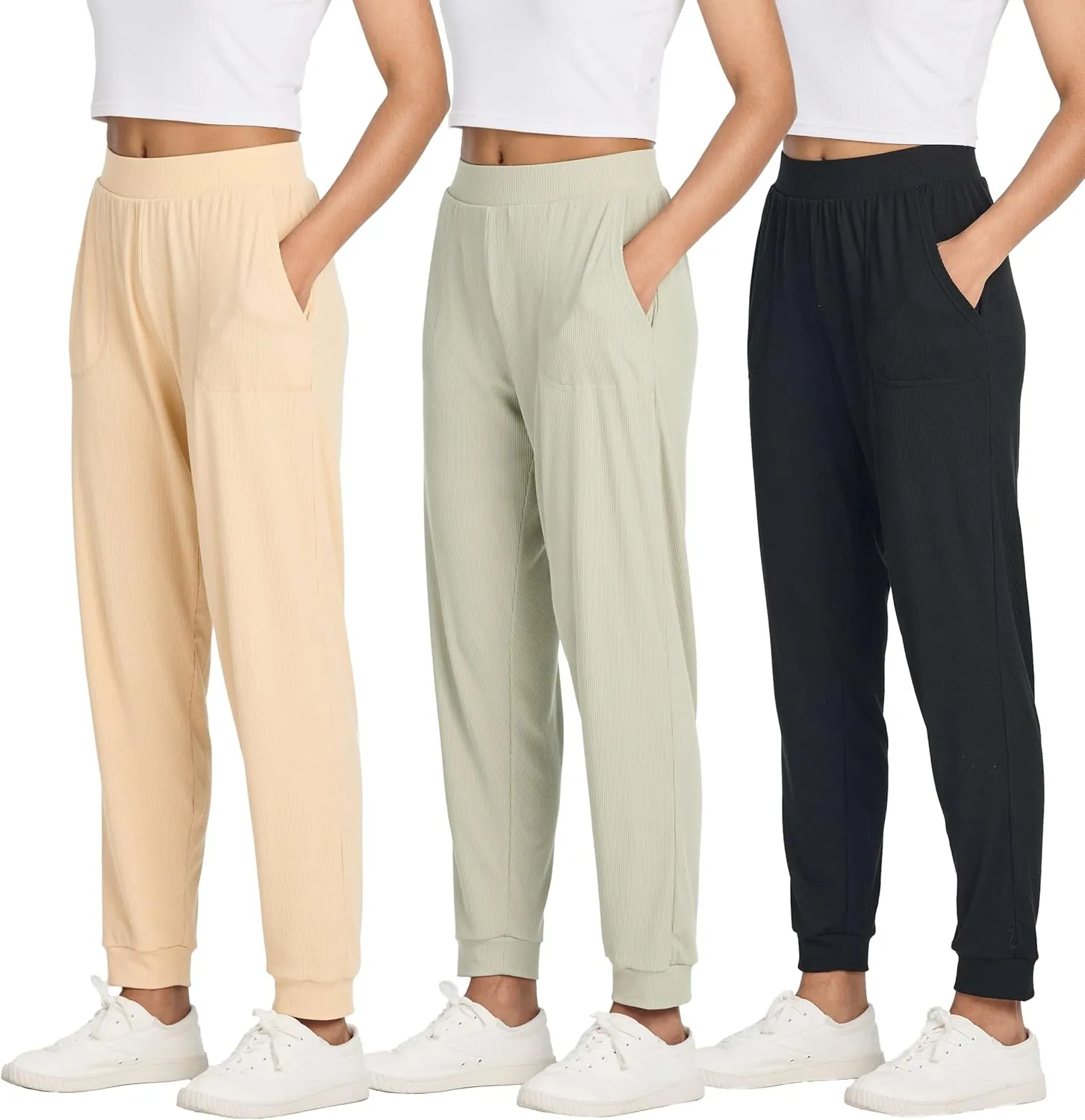 Real Essentials 3 Pack: Women's Ribbed Lounge Jogger Cuffed Yoga SweatpantsPockets (Available in Plus)