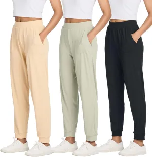 Real Essentials 3 Pack: Women's Ribbed Lounge Jogger Cuffed Yoga SweatpantsPockets (Available in Plus)