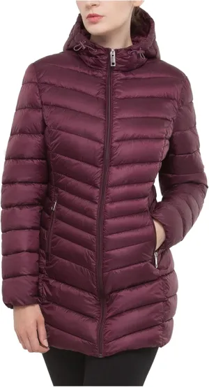 Rokka&Rolla Women's Lightweight Packable Puffer Jacket Water-Resistant Hooded Winter Long Coat