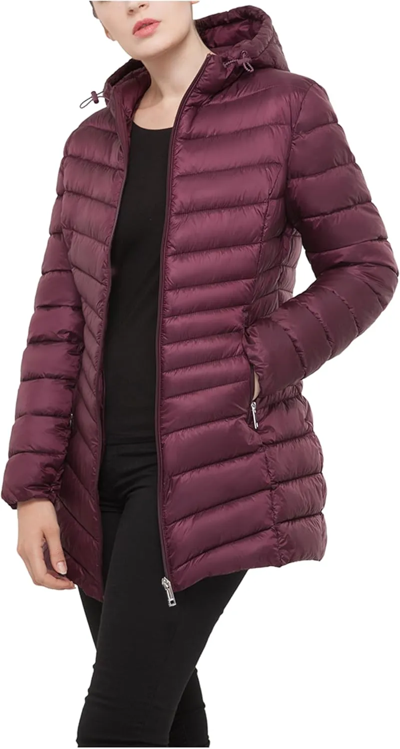 Rokka&Rolla Women's Lightweight Packable Puffer Jacket Water-Resistant Hooded Winter Long Coat