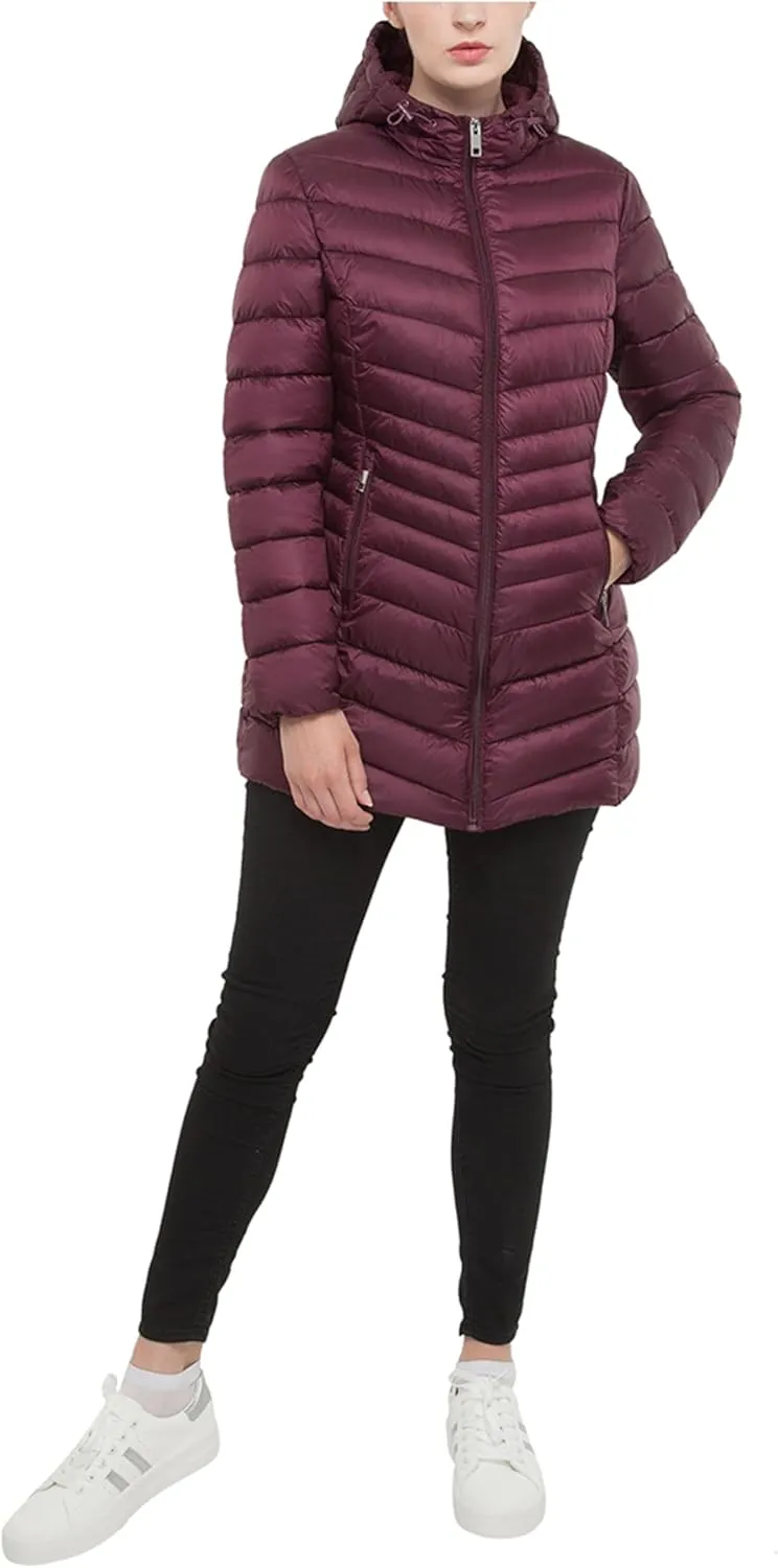 Rokka&Rolla Women's Lightweight Packable Puffer Jacket Water-Resistant Hooded Winter Long Coat