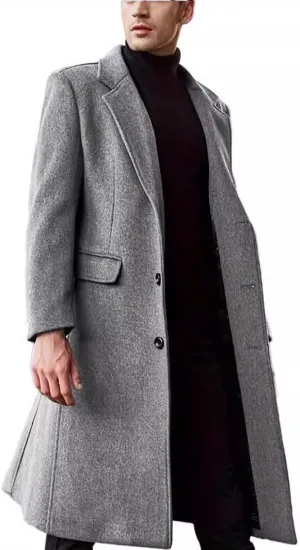 RONGTAI Trenchcoat Men's Wool Blend Trench Coat Slim Notch Lapel Overcoat with Pockets