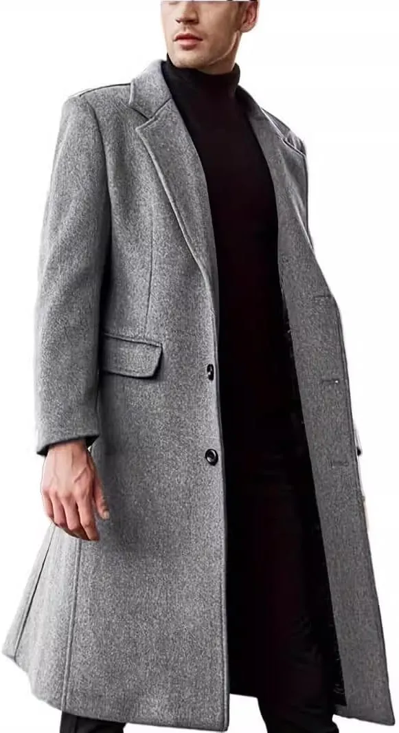 RONGTAI Trenchcoat Men's Wool Blend Trench Coat Slim Notch Lapel Overcoat with Pockets
