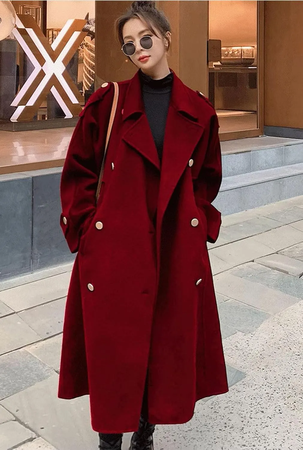 Ru Sweet Women's Notched Lapel Double Breasted Midi Long Wool Pea Coat Trench Coat Long Jackets