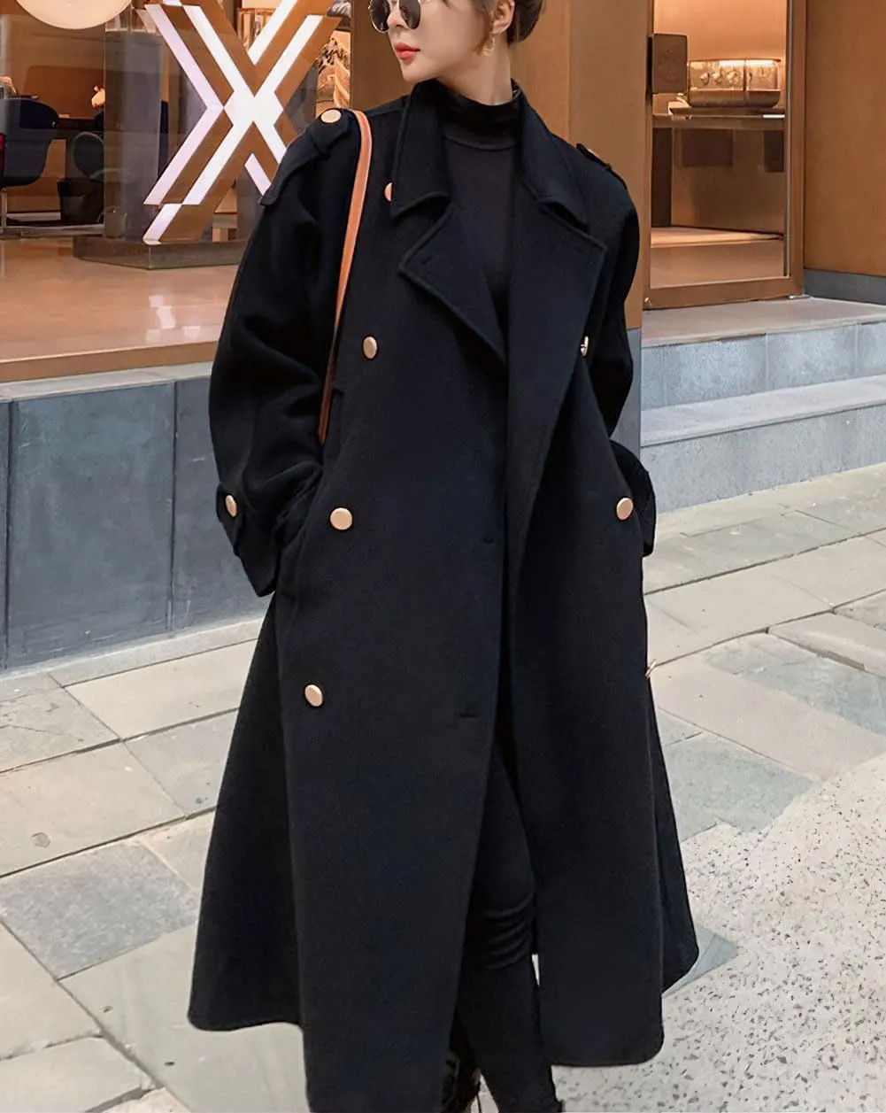 Ru Sweet Women's Notched Lapel Double Breasted Midi Long Wool Pea Coat Trench Coat Long Jackets