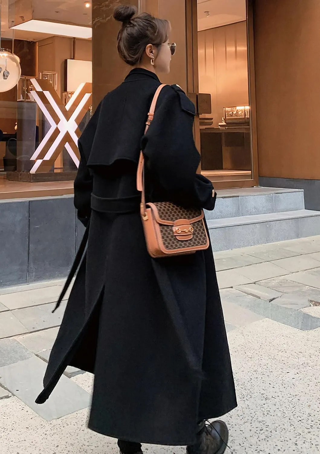 Ru Sweet Women's Notched Lapel Double Breasted Midi Long Wool Pea Coat Trench Coat Long Jackets