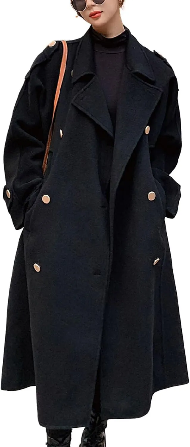 Ru Sweet Women's Notched Lapel Double Breasted Midi Long Wool Pea Coat Trench Coat Long Jackets