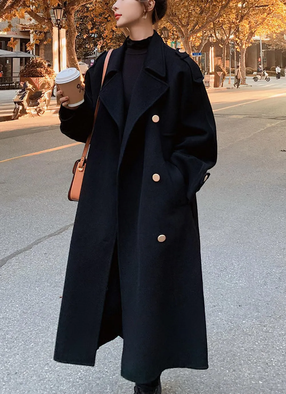 Ru Sweet Women's Notched Lapel Double Breasted Midi Long Wool Pea Coat Trench Coat Long Jackets