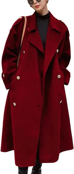 Ru Sweet Women's Notched Lapel Double Breasted Midi Long Wool Pea Coat Trench Coat Long Jackets
