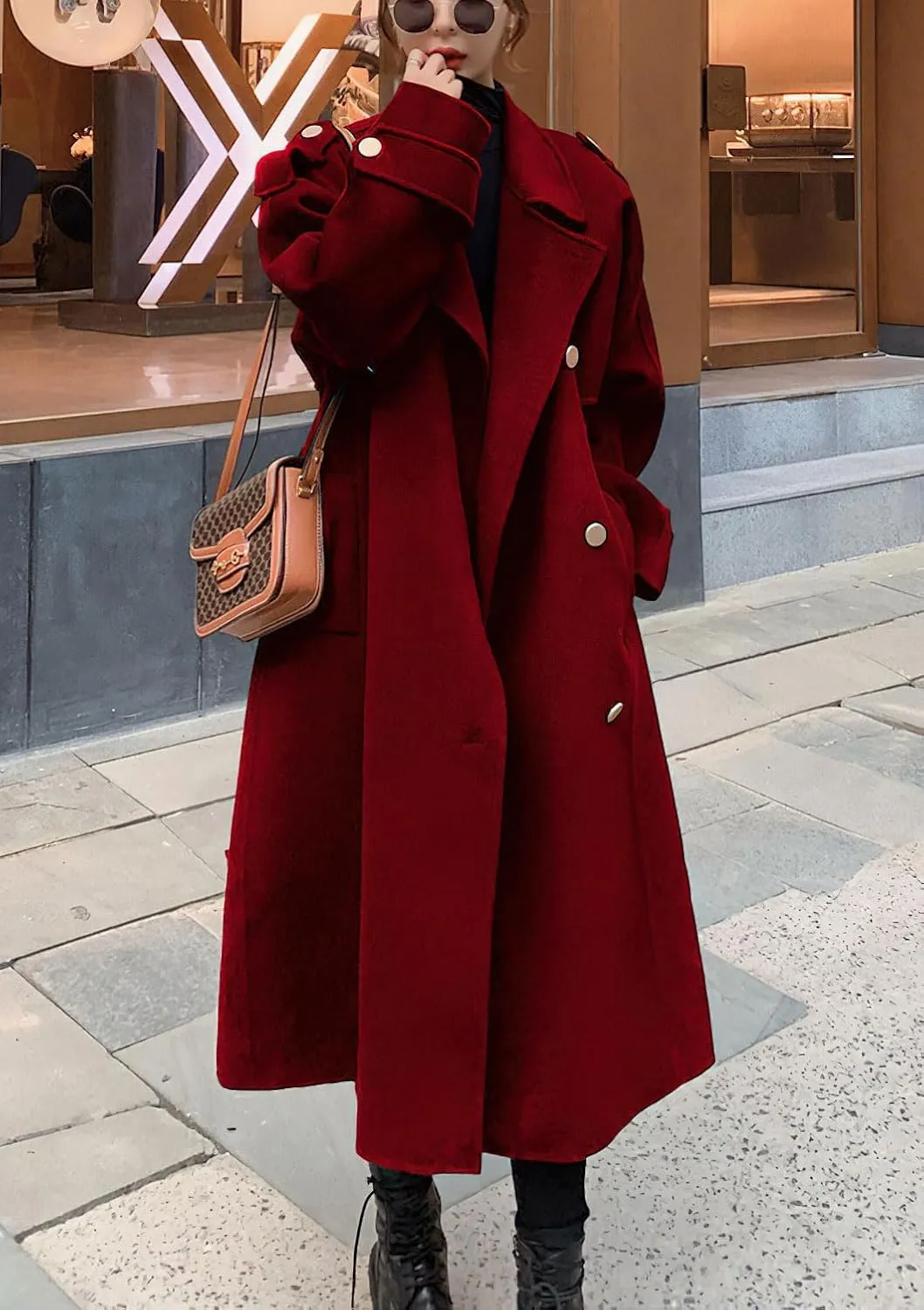 Ru Sweet Women's Notched Lapel Double Breasted Midi Long Wool Pea Coat Trench Coat Long Jackets