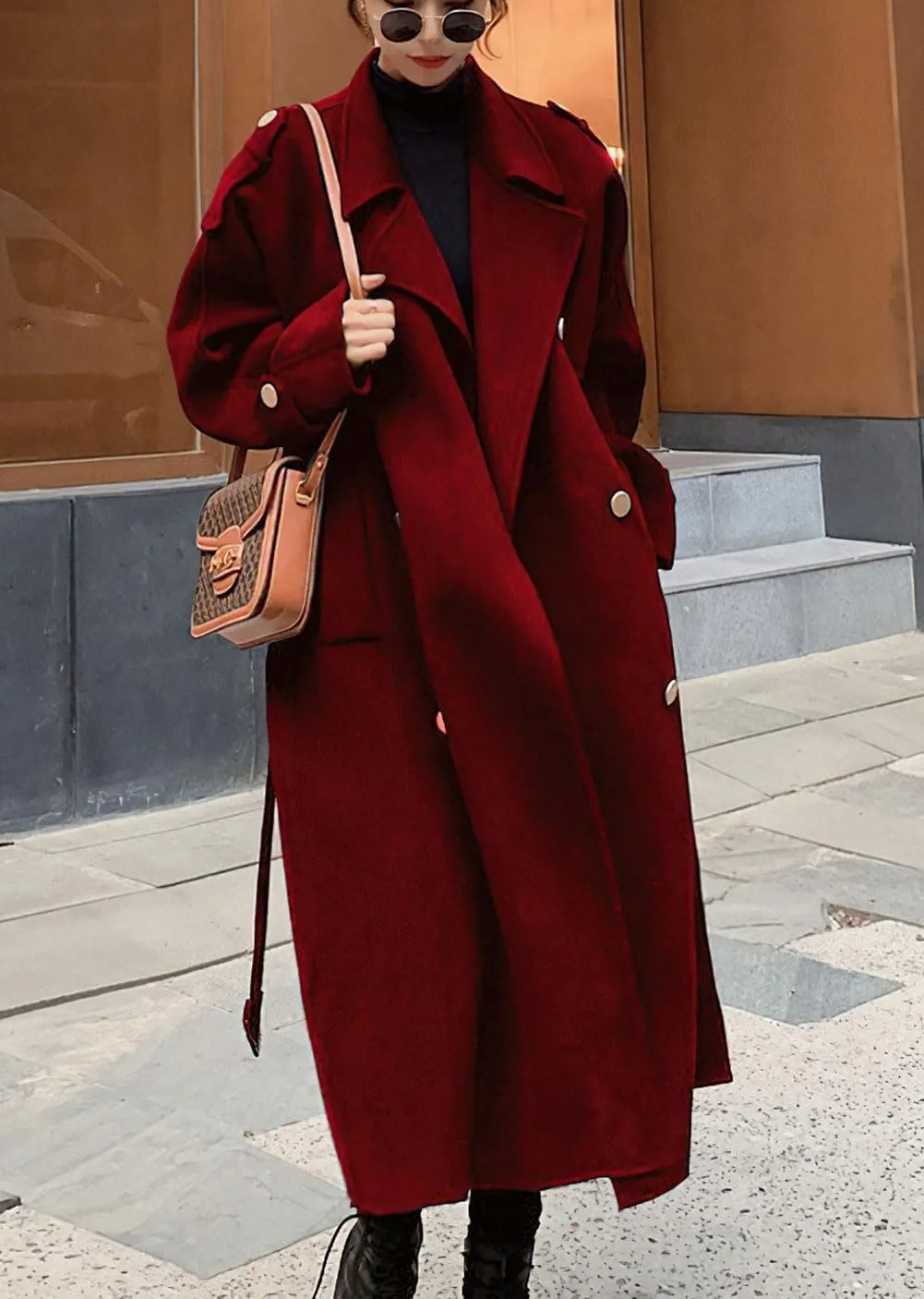 Ru Sweet Women's Notched Lapel Double Breasted Midi Long Wool Pea Coat Trench Coat Long Jackets