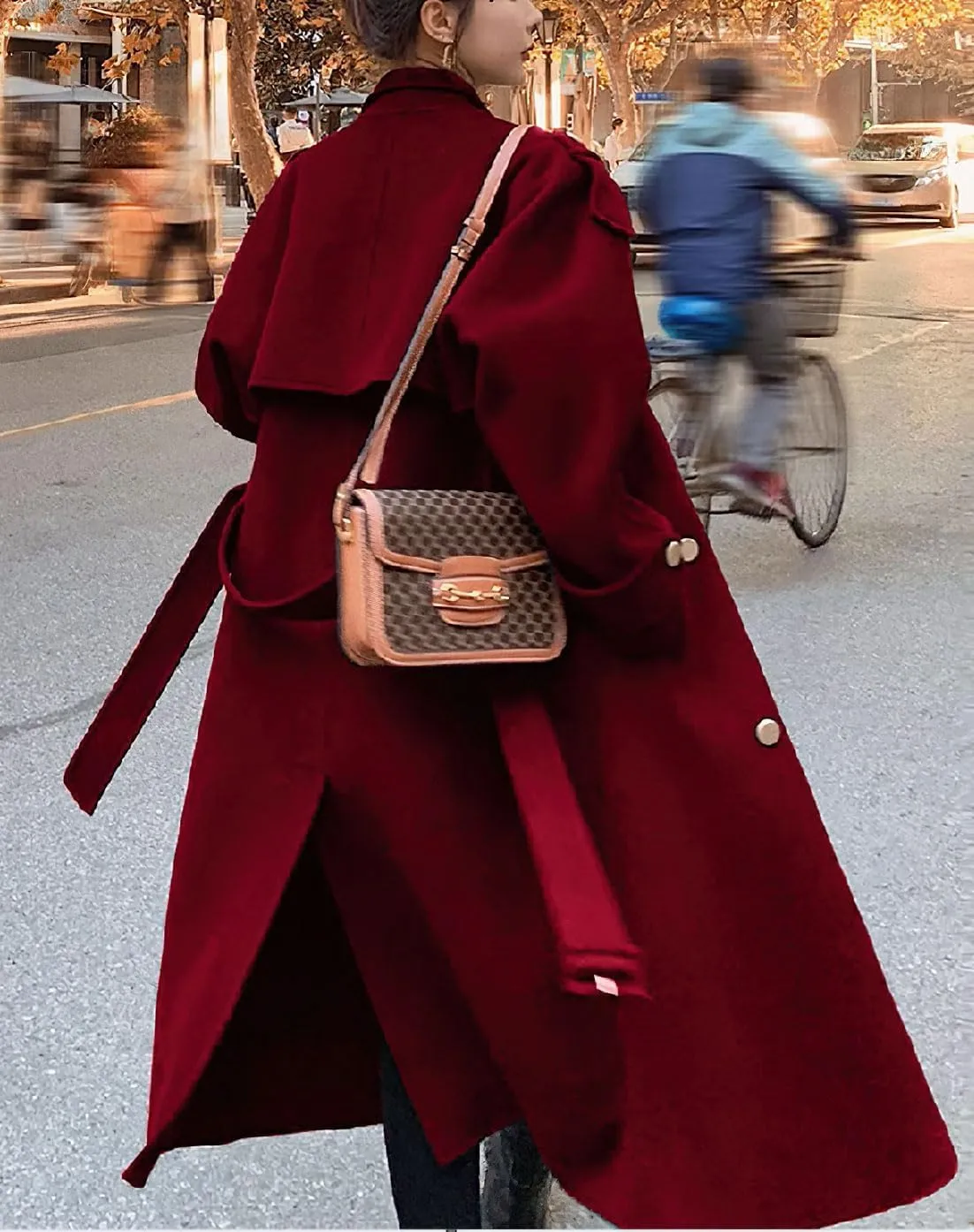 Ru Sweet Women's Notched Lapel Double Breasted Midi Long Wool Pea Coat Trench Coat Long Jackets