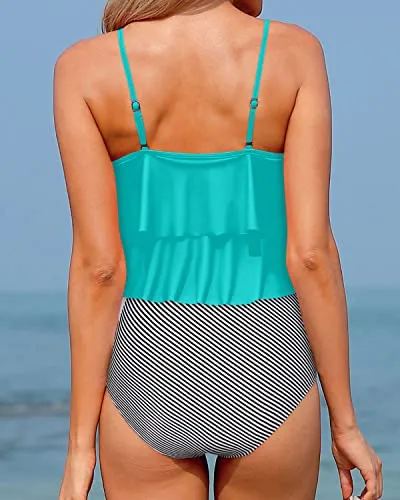 Ruffle Tankini Swimsuits For Women Two Piece Bathing Suits-Aqua Stripe
