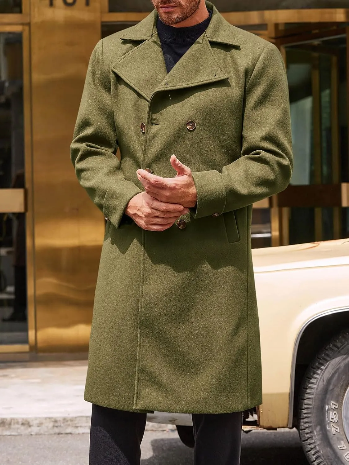 Runcati Mens Trench Coat Notch Lapel Double Breasted Belted Pea Coat Wool Blend Winter Warm Overcoat