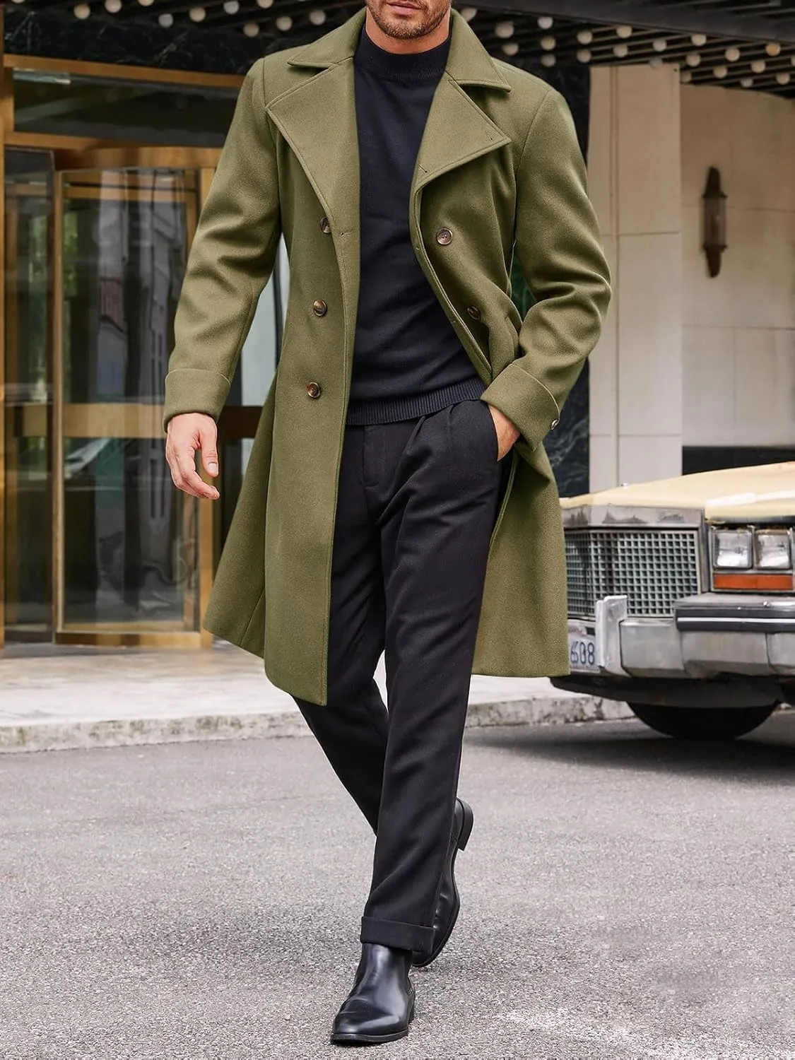 Runcati Mens Trench Coat Notch Lapel Double Breasted Belted Pea Coat Wool Blend Winter Warm Overcoat