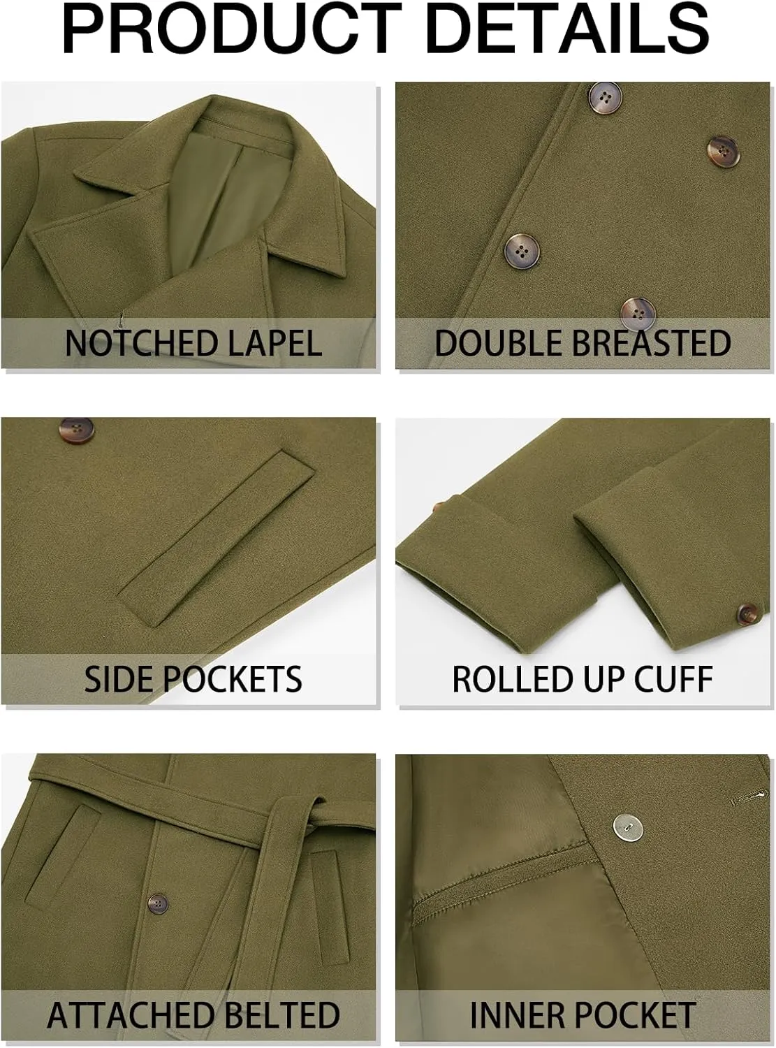 Runcati Mens Trench Coat Notch Lapel Double Breasted Belted Pea Coat Wool Blend Winter Warm Overcoat