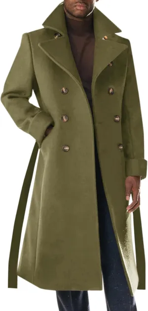 Runcati Mens Trench Coat Notch Lapel Double Breasted Belted Pea Coat Wool Blend Winter Warm Overcoat