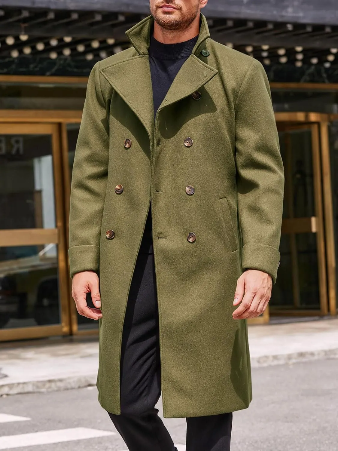 Runcati Mens Trench Coat Notch Lapel Double Breasted Belted Pea Coat Wool Blend Winter Warm Overcoat