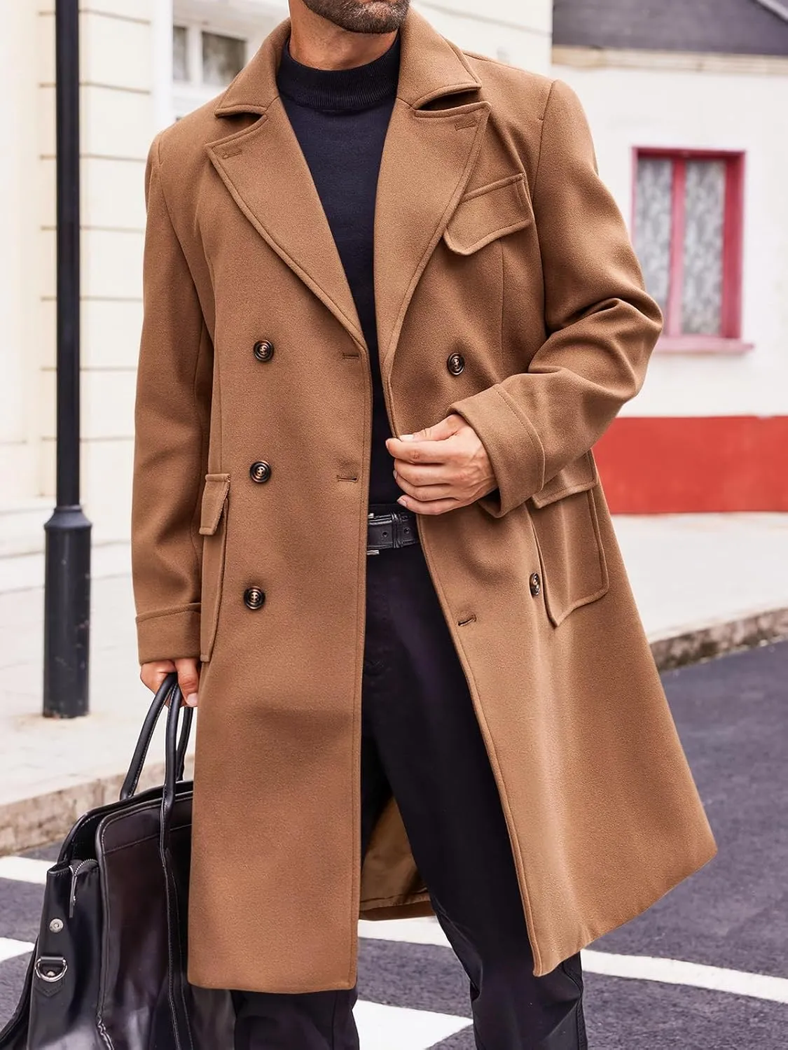 Runcati Mens Trench Coat Notch Lapel Double Breasted Peacoat Wool Blend Casual Long Overcoat
