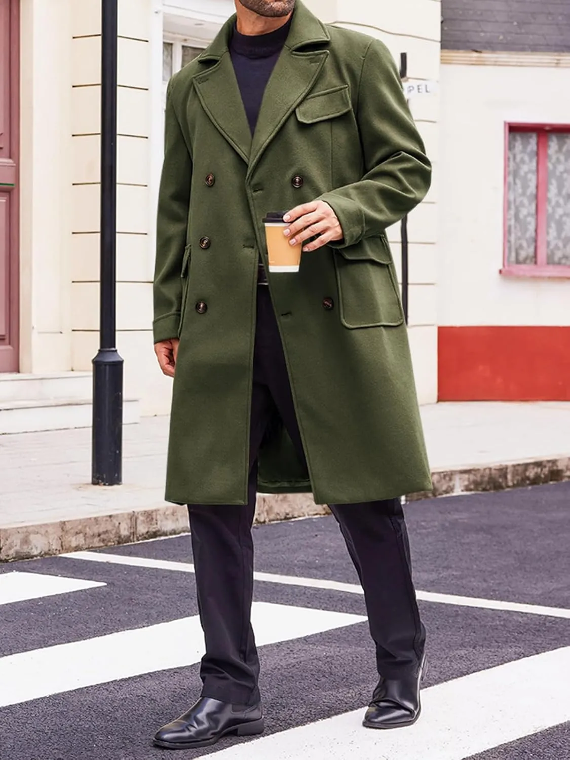 Runcati Mens Trench Coat Notch Lapel Double Breasted Peacoat Wool Blend Casual Long Overcoat