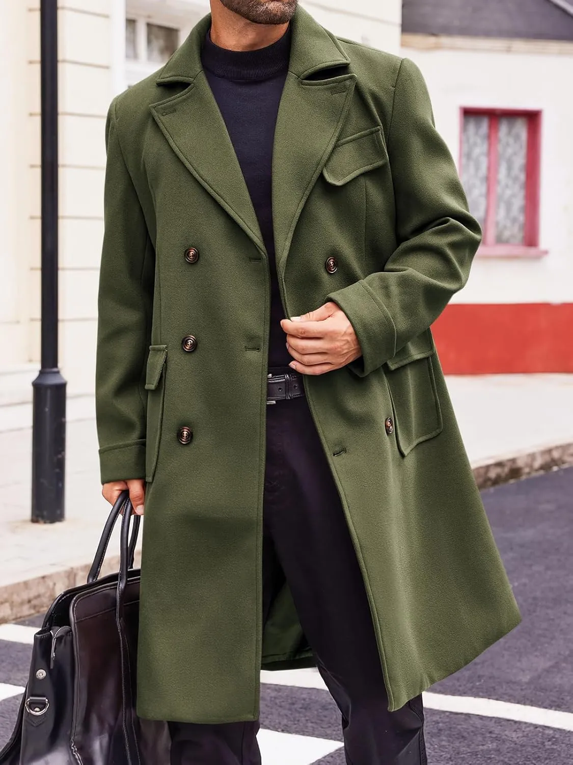 Runcati Mens Trench Coat Notch Lapel Double Breasted Peacoat Wool Blend Casual Long Overcoat