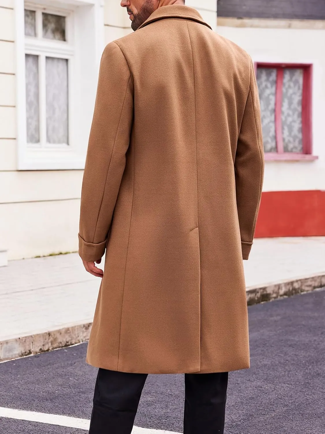 Runcati Mens Trench Coat Notch Lapel Double Breasted Peacoat Wool Blend Casual Long Overcoat
