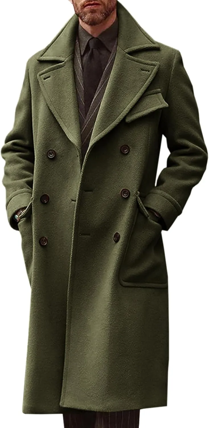 Runcati Mens Trench Coat Notch Lapel Double Breasted Peacoat Wool Blend Casual Long Overcoat