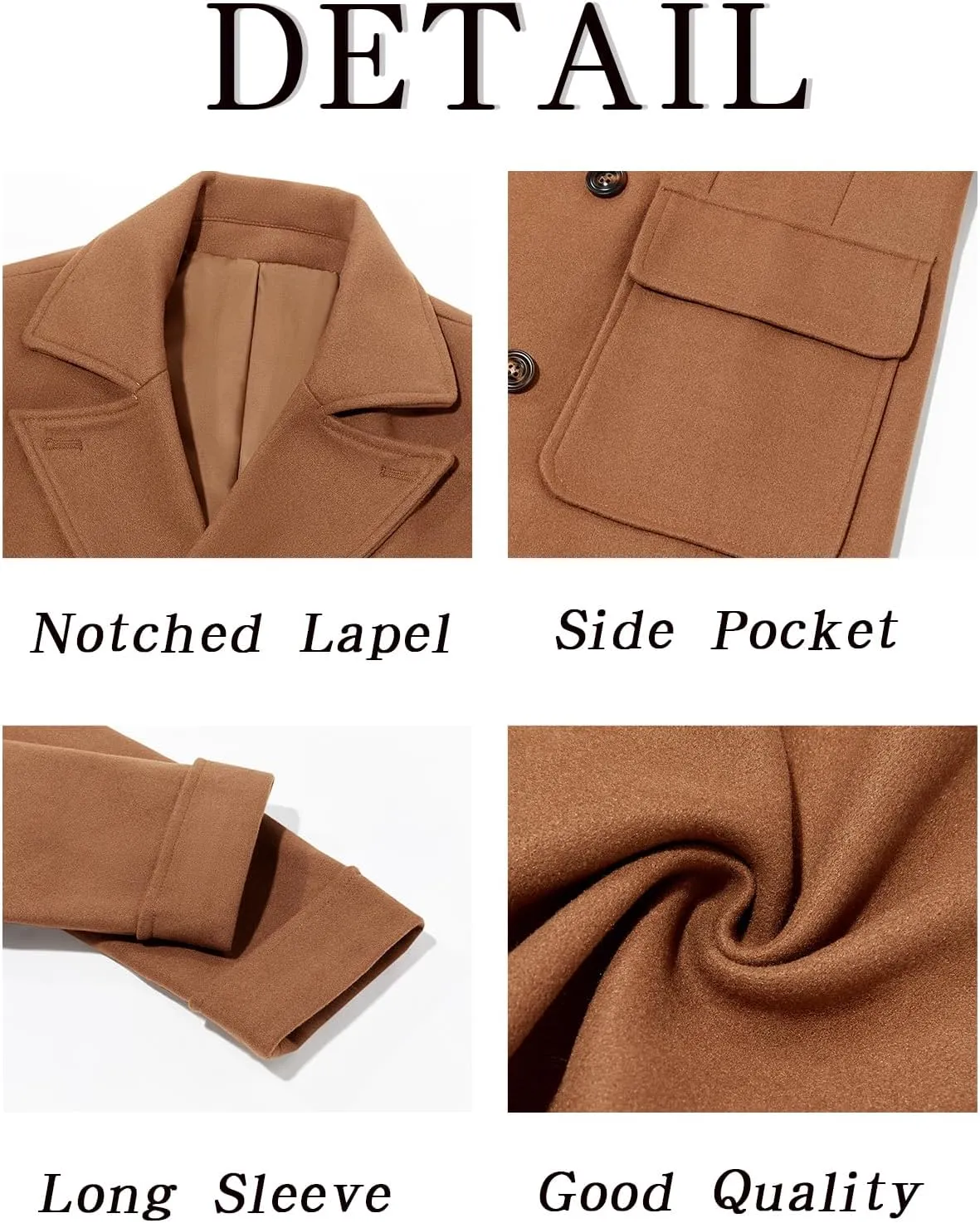 Runcati Mens Trench Coat Notch Lapel Double Breasted Peacoat Wool Blend Casual Long Overcoat