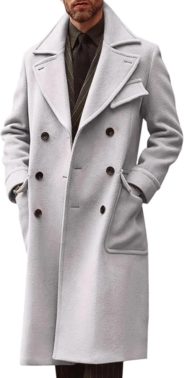 Runcati Mens Trench Coat Notch Lapel Double Breasted Peacoat Wool Blend Casual Long Overcoat