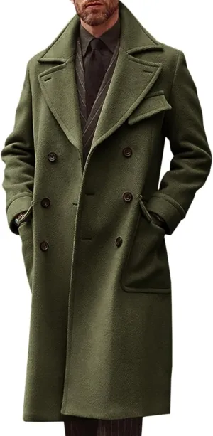 Runcati Mens Trench Coat Notch Lapel Double Breasted Peacoat Wool Blend Casual Long Overcoat