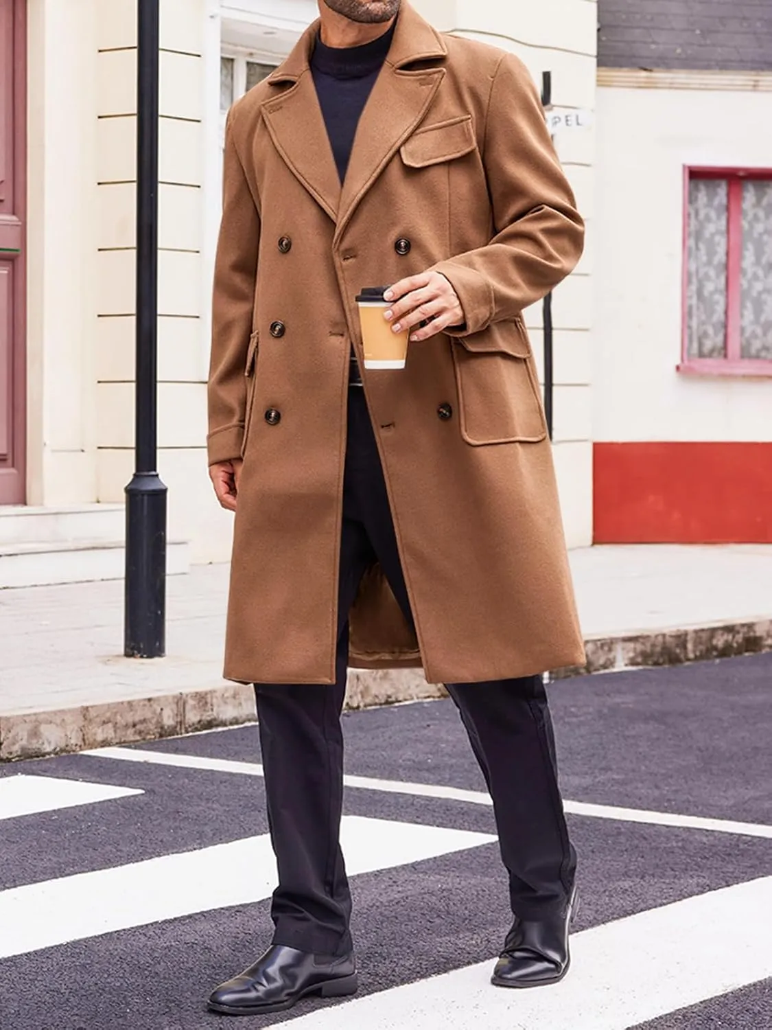 Runcati Mens Trench Coat Notch Lapel Double Breasted Peacoat Wool Blend Casual Long Overcoat