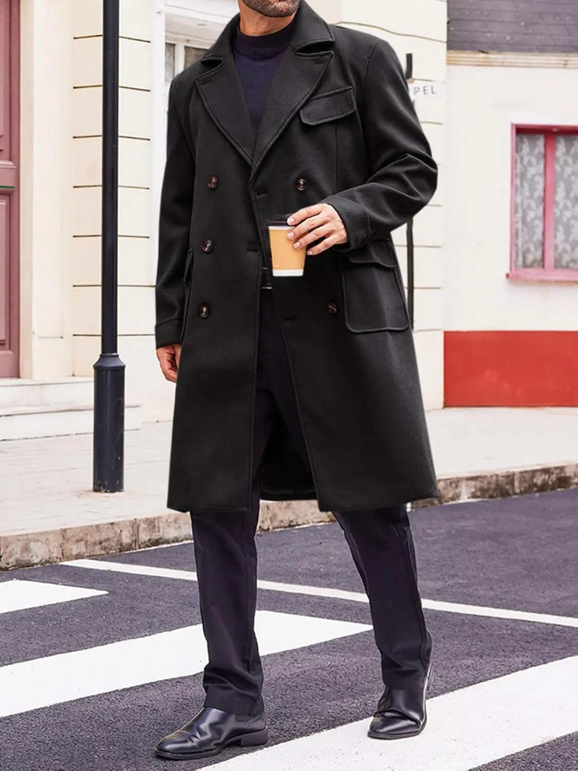 Runcati Mens Trench Coat Notch Lapel Double Breasted Peacoat Wool Blend Casual Long Overcoat