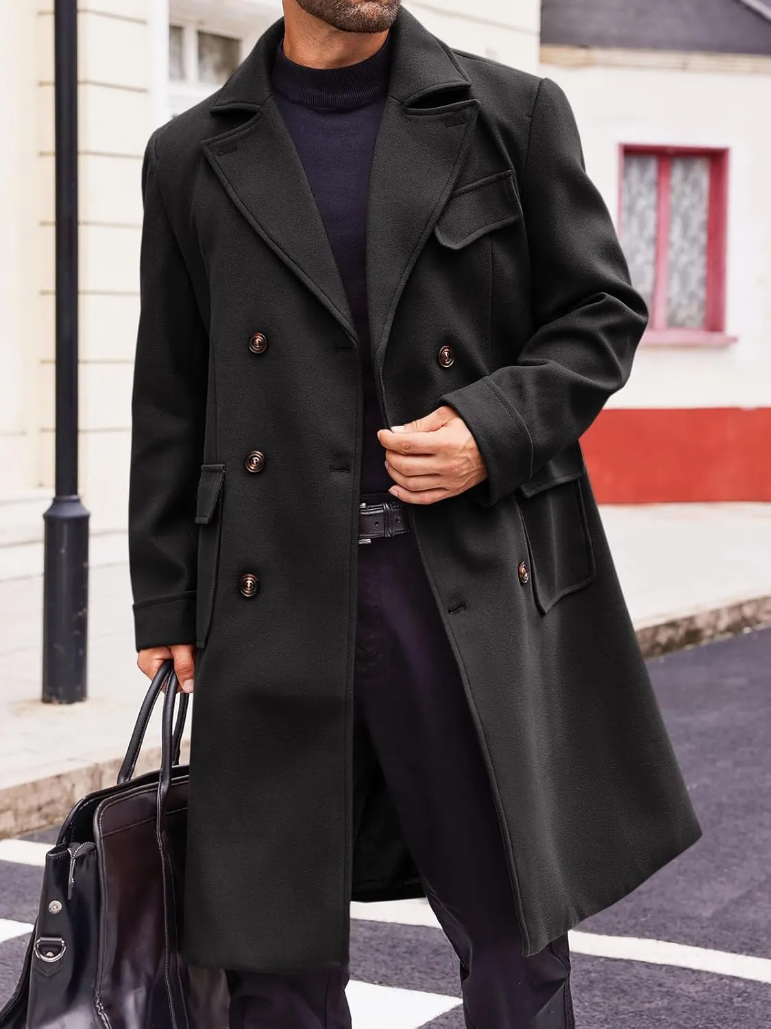 Runcati Mens Trench Coat Notch Lapel Double Breasted Peacoat Wool Blend Casual Long Overcoat